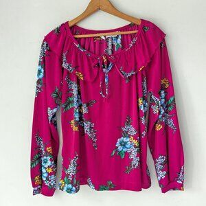 1970s vintage bright floral print ruffle peter pan collar blouse